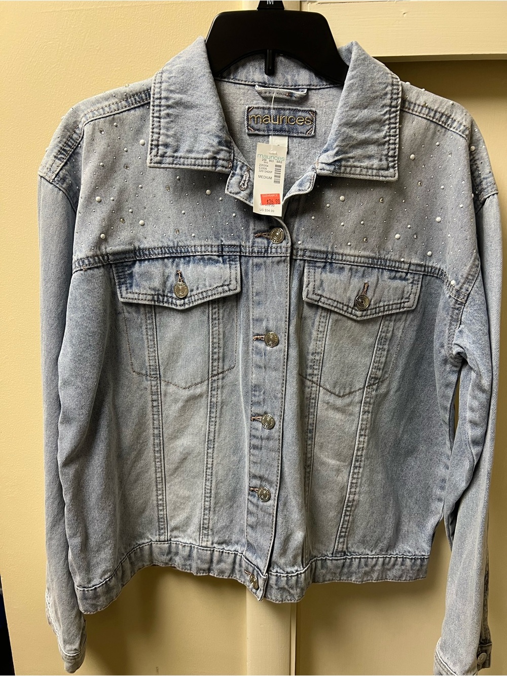 Maurices Light Wash Denim Jacket with Pearl Stud Accents